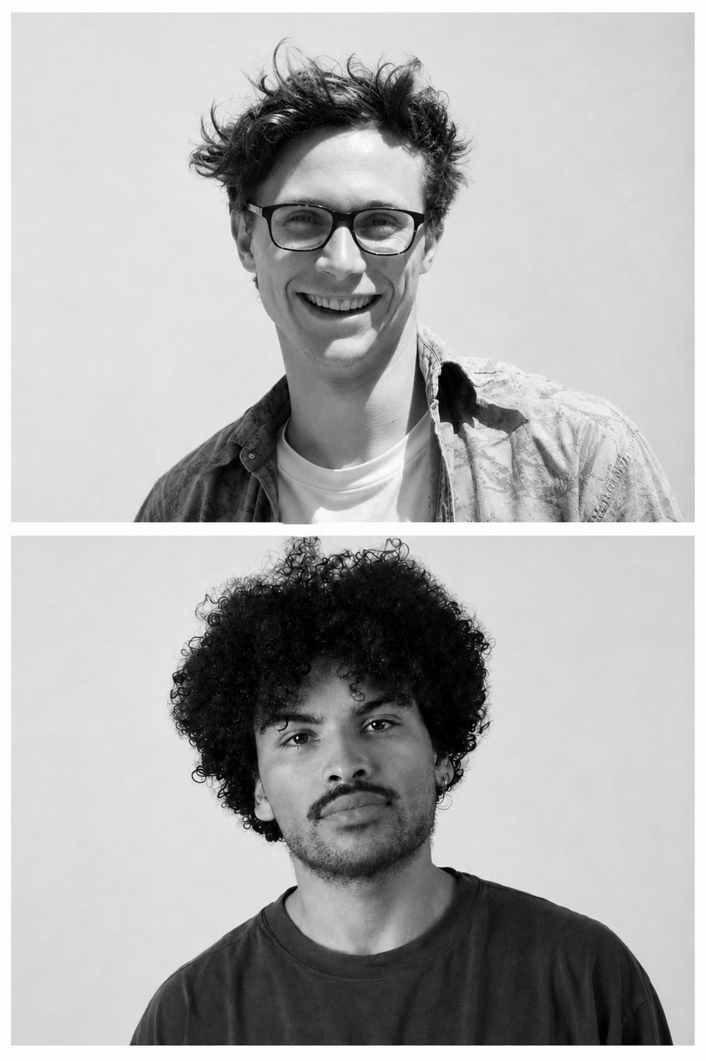 Portraits of the two founders of Studio G01, stacked one above the other